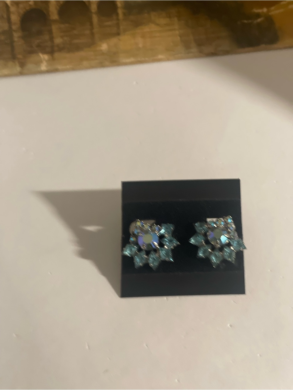 Women’s Iridescent Light Blue Crystal Flower clip Earrings